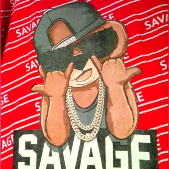 SAVAGE Bear Graphic Grunge Skater Tee Red & White Stripe Crackled Lines Urban - Picture 5 of 9